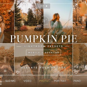 May include: A digital collage of autumn-themed photographs featuring orange foliage, a horse, a cottage, and a person, overlaid with the text PUMPKIN PIE LIGHTROOM PRESETS MOBILE + DESKTOP ELEVATE YOUR PHOTOS, presented within a camera interface frame.