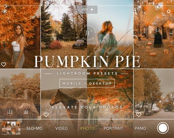 May include: A digital collage of autumn-themed photographs featuring orange foliage, a horse, a cottage, and a person, overlaid with the text PUMPKIN PIE LIGHTROOM PRESETS MOBILE + DESKTOP ELEVATE YOUR PHOTOS, presented within a camera interface frame.