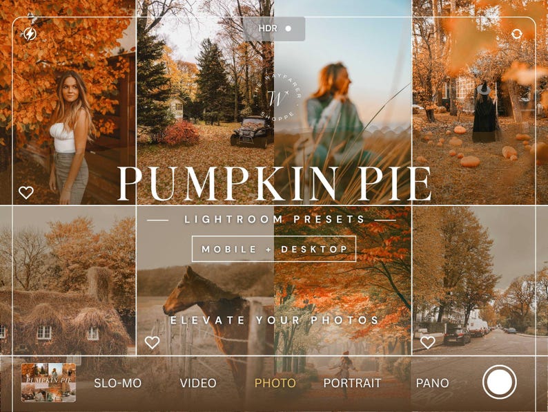 May include: A digital collage of autumn-themed photographs featuring orange foliage, a horse, a cottage, and a person, overlaid with the text PUMPKIN PIE LIGHTROOM PRESETS MOBILE + DESKTOP ELEVATE YOUR PHOTOS, presented within a camera interface frame.
