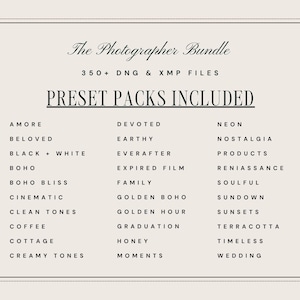 Puede incluir: Un gr&aacute;fico digital con fondo beige y texto negro titulado The Photographer Bundle, 350+ DNG & XMP FILES, y PRESET PACKS INCLUDED. La lista contiene nombres como Amore, Beloved, Black + White, Boho, Cinematic y Wedding.