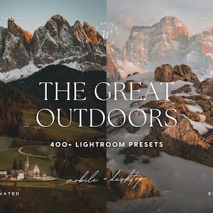 Op de afbeelding: Een gesplitste afbeelding met berglandschappen en de tekst "THE GREAT OUTDOORS" en "400+ LIGHTROOM PRESETS". De linkerkant toont een groene vallei met een kerk, de rechterkant een besneeuwde bergketen.