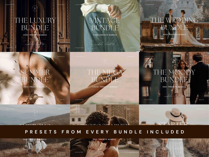 May include: A digital collection of photography presets featuring nine distinct categories including The Luxury Bundle, Vintage Bundle, Wedding Bundle, Summer Bundle, Mega Bundle, Moody Bundle, and Starter Bundle, with text stating Presets From Every Bundle Included.