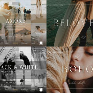 Puede incluir: Un collage digital de cuatro colecciones de ajustes preestablecidos de Lightroom tituladas Amore, Beloved, Black & White y Boho. Cada secci&oacute;n muestra ejemplos fotogr&aacute;ficos de bodas y retratos con texto que indica la compatibilidad con m&oacute;viles y escritorio.