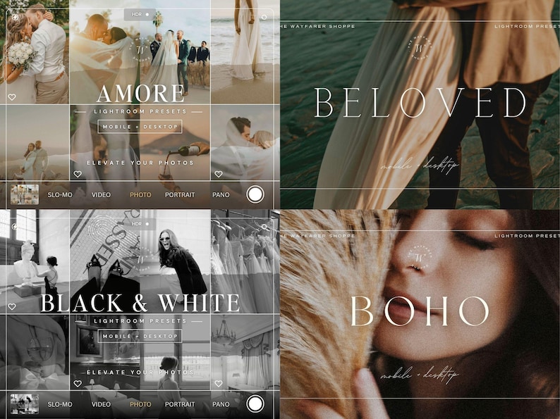 Puede incluir: Un collage digital de cuatro colecciones de ajustes preestablecidos de Lightroom tituladas Amore, Beloved, Black & White y Boho. Cada secci&oacute;n muestra ejemplos fotogr&aacute;ficos de bodas y retratos con texto que indica la compatibilidad con m&oacute;viles y escritorio.