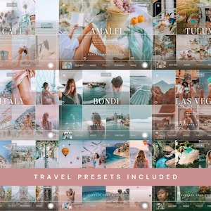 May include: A digital collection of travel photo presets displayed in a grid layout, featuring various vacation scenes from locations like Cali, Amalfi, Tulum, Italy, Bondi, and Las Vegas, with the text TRAVEL PRESETS INCLUDED at the bottom.