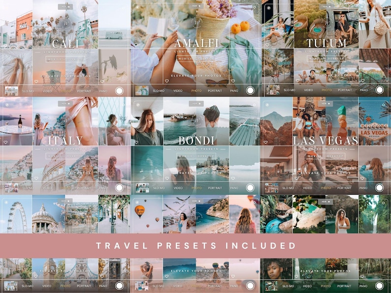 May include: A digital collection of travel photo presets displayed in a grid layout, featuring various vacation scenes from locations like Cali, Amalfi, Tulum, Italy, Bondi, and Las Vegas, with the text TRAVEL PRESETS INCLUDED at the bottom.