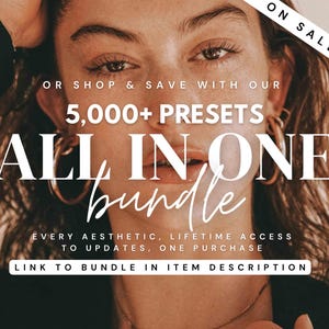 Może przedstawiać: Obraz reklamowy z kobietą i tekstem. Gł&oacute;wny tekst to "5,000+ PRESETS ALL IN ONE bundle" z "EVERY AESTHETIC, LIFETIME ACCESS TO UPDATES, ONE PURCHASE." Widoczne są r&oacute;wnież słowa "ON SALE NOW". Obraz promuje produkt cyfrowy.