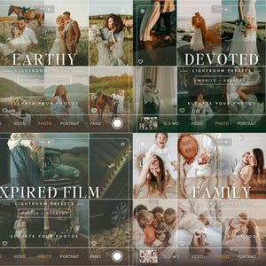 Puede incluir: Un collage digital de cuatro colecciones de ajustes preestablecidos de Lightroom etiquetadas como Earthy, Devoted, Expired Film y Family. Cada secci&oacute;n muestra varias fotograf&iacute;as de personas, paisajes y veh&iacute;culos con filtros y texto.