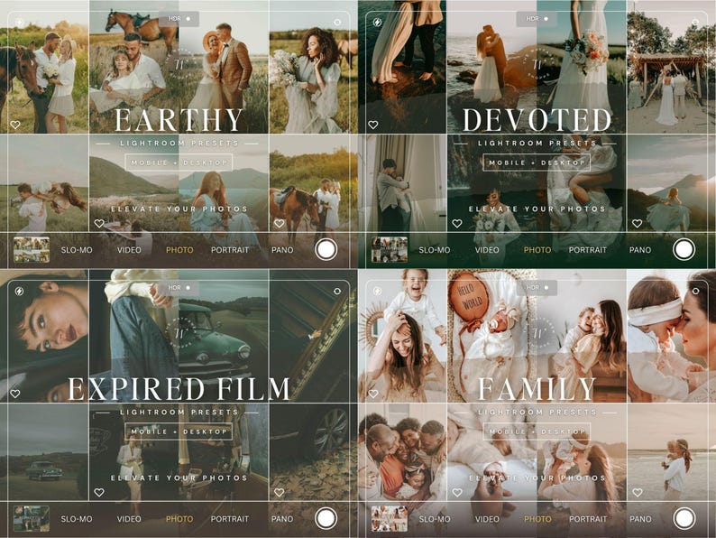Puede incluir: Un collage digital de cuatro colecciones de ajustes preestablecidos de Lightroom etiquetadas como Earthy, Devoted, Expired Film y Family. Cada secci&oacute;n muestra varias fotograf&iacute;as de personas, paisajes y veh&iacute;culos con filtros y texto.
