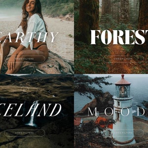 May include: A collage of four images showcasing different video filter styles: "Earthy" with a woman sitting on a rock, "Forest" with a lush green forest, "Iceland" with a waterfall in a rocky landscape, and "Moody" with a lighthouse on a foggy coastline.