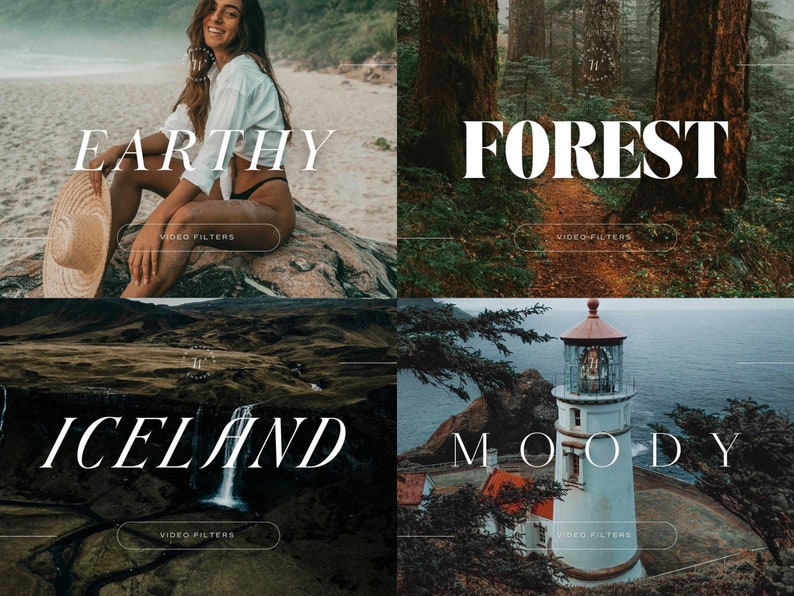 May include: A collage of four images showcasing different video filter styles: "Earthy" with a woman sitting on a rock, "Forest" with a lush green forest, "Iceland" with a waterfall in a rocky landscape, and "Moody" with a lighthouse on a foggy coastline.