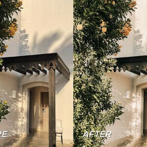 May include: A side-by-side comparison of a building's entrance before and after editing. The entrance features a wooden pergola, a wooden door, and a lush green plant with yellow flowers. The text "BEFORE" and "AFTER" are visible.