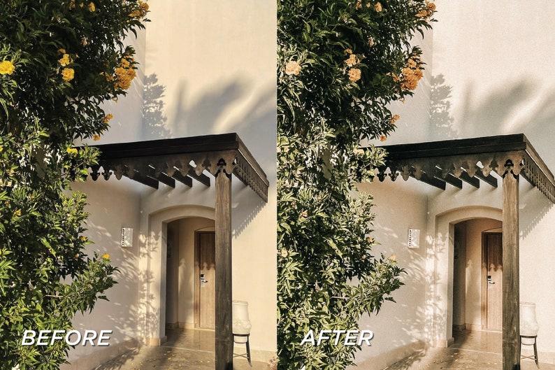 May include: A side-by-side comparison of a building's entrance before and after editing. The entrance features a wooden pergola, a wooden door, and a lush green plant with yellow flowers. The text "BEFORE" and "AFTER" are visible.