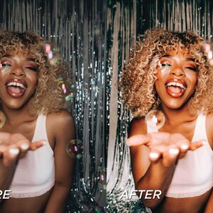 May include: A split image shows a person with curly blonde hair, wearing a light pink top, blowing bubbles. The left side is labeled "BEFORE" and the right side is labeled "AFTER". The background is a silver, shiny curtain.
