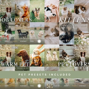 May include: A digital collage of various dog and cat photographs featuring the text DOG LOVERS, KITTENS, WARM PET, PET LOVERS, and PET PRESETS INCLUDED. The layout includes multiple frames with camera interface elements like mobile and desktop labels.