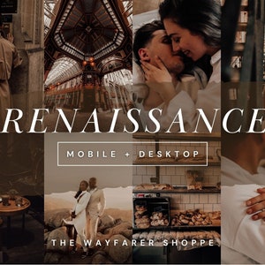 May include: A collage of lifestyle images with a warm, vintage aesthetic. The word "RENAISSANCE" is prominently displayed, along with "MOBILE + DESKTOP" and "THE WAYFARER SHOPPE". The images include couples, architecture, and food, suggesting a travel or lifestyle theme.