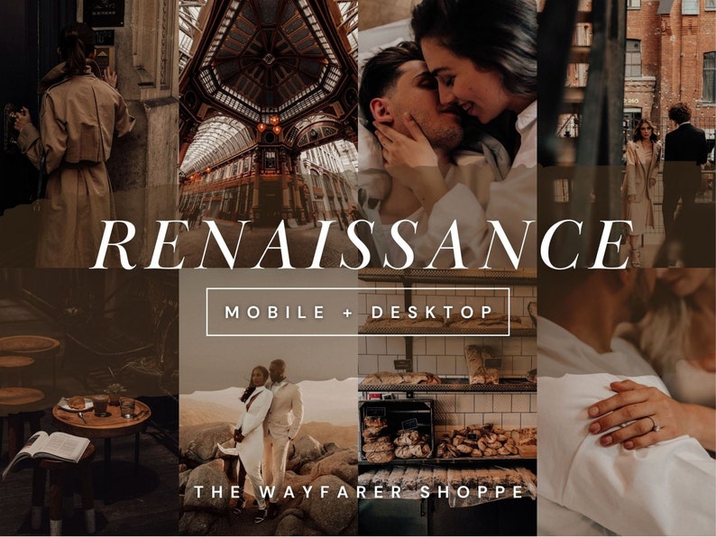 May include: A collage of lifestyle images with a warm, vintage aesthetic. The word "RENAISSANCE" is prominently displayed, along with "MOBILE + DESKTOP" and "THE WAYFARER SHOPPE". The images include couples, architecture, and food, suggesting a travel or lifestyle theme.