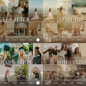 Puede incluir: Un collage digital de ajustes preestablecidos de fotograf&iacute;a con cuatro temas distintos etiquetados como EVERAFTER, COTTAGE, GRADUATION y BOHO BLISS. El dise&ntilde;o imita una interfaz de c&aacute;mara de tel&eacute;fono inteligente con diversas im&aacute;genes de bodas y ceremonias.