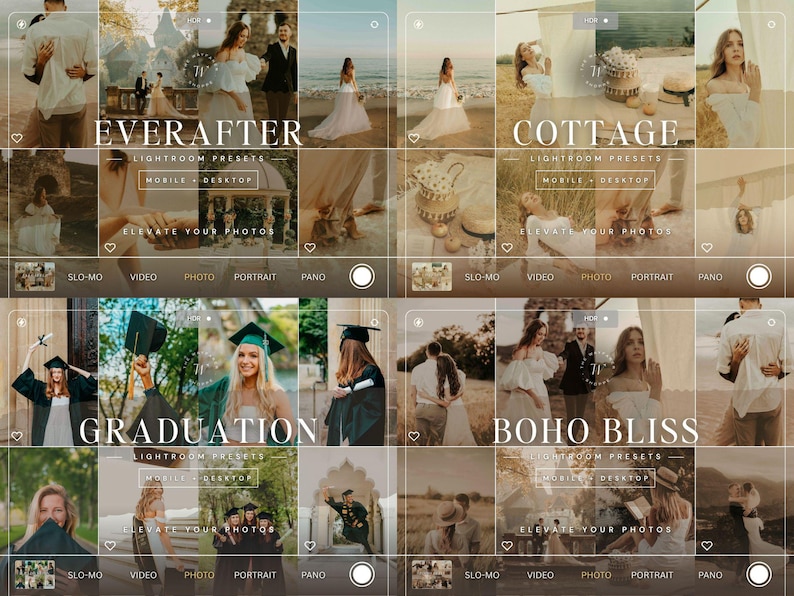 Puede incluir: Un collage digital de ajustes preestablecidos de fotograf&iacute;a con cuatro temas distintos etiquetados como EVERAFTER, COTTAGE, GRADUATION y BOHO BLISS. El dise&ntilde;o imita una interfaz de c&aacute;mara de tel&eacute;fono inteligente con diversas im&aacute;genes de bodas y ceremonias.
