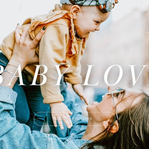 May include: A woman in a blue denim jacket holds a baby in the air. The baby is wearing a yellow sweater and a blue and white headband. The woman is smiling and looking up at the baby. The text "BABY LOVE" is superimposed on the image.