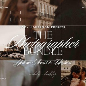 Puede incluir: Un anuncio de producto digital para m&aacute;s de 350 ajustes preestablecidos de Lightroom titulado The Photographer Bundle. El gr&aacute;fico incluye texto como Lifetime Access to Updates, mobile + desktop y elevated edits, sobre im&aacute;genes borrosas.