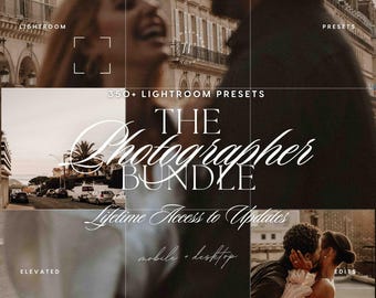 Puede incluir: Un anuncio de producto digital para más de 350 ajustes preestablecidos de Lightroom titulado The Photographer Bundle. El gráfico incluye texto como Lifetime Access to Updates, mobile + desktop y elevated edits, sobre imágenes borrosas.