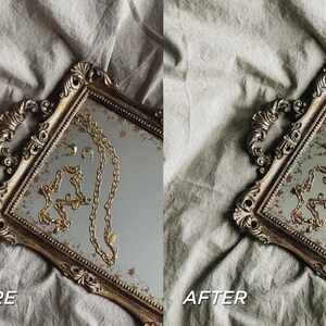 May include: A gold-framed mirror with ornate detailing, displaying gold necklaces and earrings. The mirror is set against a neutral-toned fabric background. The text "BEFORE" and "AFTER" is visible.