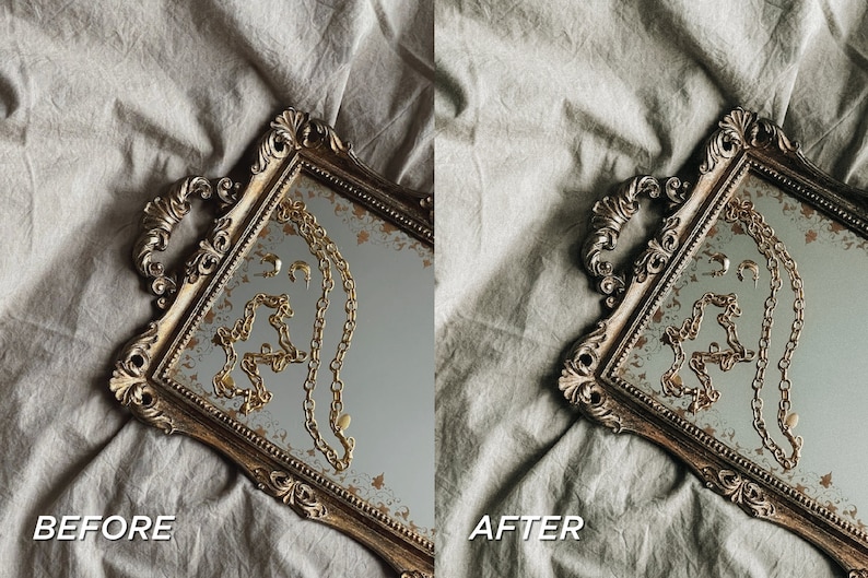 May include: A gold-framed mirror with ornate detailing, displaying gold necklaces and earrings. The mirror is set against a neutral-toned fabric background. The text "BEFORE" and "AFTER" is visible.