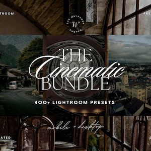 Peut inclure: Visuel de 'The Cinematic Bundle' avec le texte 'THE Cinematic BUNDLE' en écriture élégante. L'image comprend des photos de paysages et le texte '400+ LIGHTROOM PRESETS' et 'mobile + desktop'. Le logo The Wayfarer Shoppe est également visible.