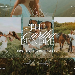 May include: The Earthy Bundle graphic with images of couples and horses in a field. The text includes "200+ Lightroom Presets", "mobile desktop", and other words like "Lightroom", "Presets", "Elevated", and "Edits".