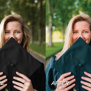 May include: A woman smiling, holding a black graduation cap in front of her face. The image is split, with "BEFORE" text on the left and a color-corrected version on the right. The background is a blurred outdoor scene with trees.