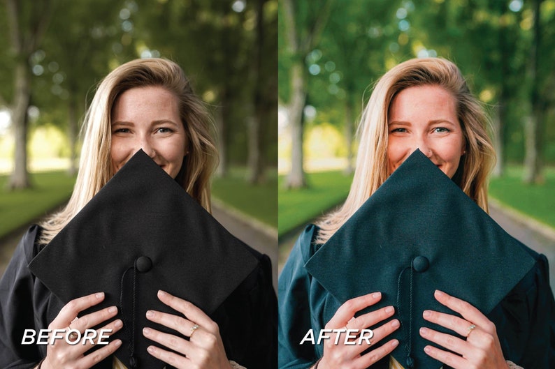 May include: A woman smiling, holding a black graduation cap in front of her face. The image is split, with "BEFORE" text on the left and a color-corrected version on the right. The background is a blurred outdoor scene with trees.