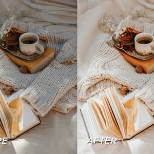 May include: A split-screen comparison showing a cream-colored knit sweater, a book with a yellow cover, a ceramic cup of coffee, a wooden honey dipper, and a small open book with a yellow leaf. The text BEFORE and AFTER is visible.