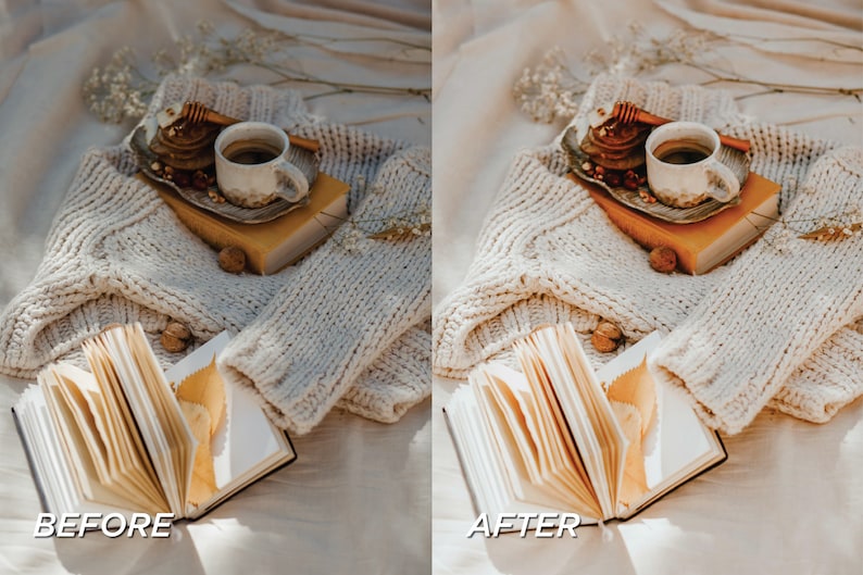 May include: A split-screen comparison showing a cream-colored knit sweater, a book with a yellow cover, a ceramic cup of coffee, a wooden honey dipper, and a small open book with a yellow leaf. The text BEFORE and AFTER is visible.