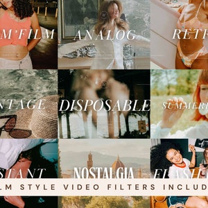 May include: A collage of images with text overlays, showcasing different film styles and video filters. The text includes "35mm Film", "Analog", "Retro", "Vintage", "Disposable", "Summerhaze", "Instant", "Nostalgia", and "Flash Film". The text "Film Style Video Filters Included" appears at the bottom.