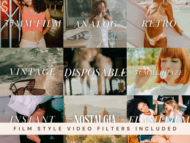 May include: A collage of images with text overlays, showcasing different film styles and video filters. The text includes "35mm Film", "Analog", "Retro", "Vintage", "Disposable", "Summerhaze", "Instant", "Nostalgia", and "Flash Film". The text "Film Style Video Filters Included" appears at the bottom.