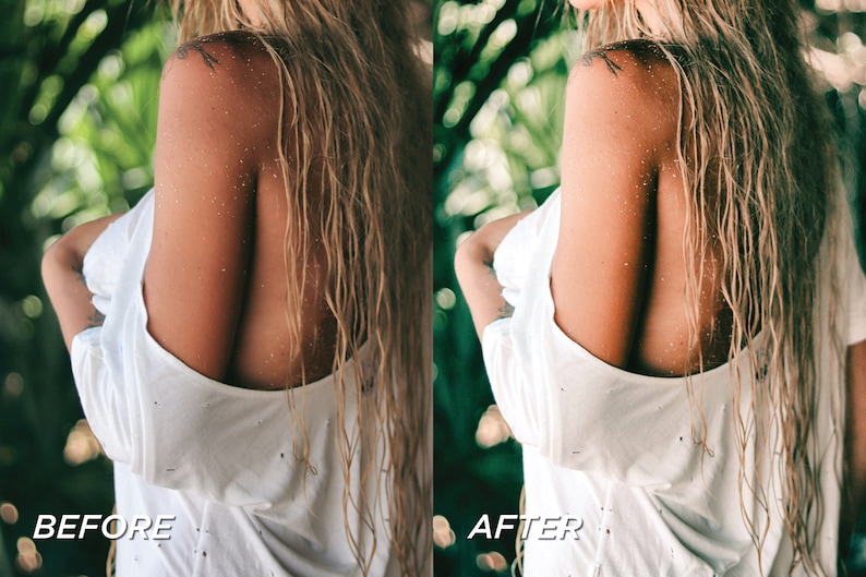 Op de afbeelding: Een persoon met lang, nat, blond haar draagt een wit T-shirt met een lage rug. De afbeelding is gesplitst, met de tekst "BEFORE" links en "AFTER" rechts, wat wijst op een voor-en-na foto. De achtergrond is wazig groen gebladerte.