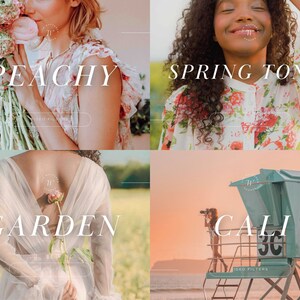 Puede incluir: Un collage de cuatro im&aacute;genes que muestran diferentes ajustes preestablecidos de filtros fotogr&aacute;ficos. La primera imagen muestra a una mujer oliendo un ramo de flores rosas con el texto "Peachy" superpuesto. La segunda imagen muestra a una mujer con el pelo rizado vistiendo un vestido floral con el texto "Spring Tones" superpuesto. La tercera imagen muestra a una mujer con un vestido blanco sosteniendo una flor rosa con el texto "Garden" superpuesto. La cuarta imagen muestra una torre de salvavidas en una playa con el texto "Cali" superpuesto.