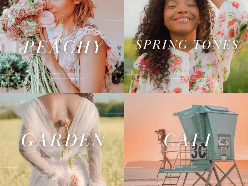 Puede incluir: Un collage de cuatro im&aacute;genes que muestran diferentes ajustes preestablecidos de filtros fotogr&aacute;ficos. La primera imagen muestra a una mujer oliendo un ramo de flores rosas con el texto "Peachy" superpuesto. La segunda imagen muestra a una mujer con el pelo rizado vistiendo un vestido floral con el texto "Spring Tones" superpuesto. La tercera imagen muestra a una mujer con un vestido blanco sosteniendo una flor rosa con el texto "Garden" superpuesto. La cuarta imagen muestra una torre de salvavidas en una playa con el texto "Cali" superpuesto.