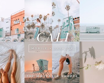 May include: A collage of images with a California theme. Includes a building, a person standing near palm trees, a sign that says "Beverly Hills", a van, legs on a bed, a lifeguard tower, legs on the beach, and a rose. Text overlay: "CALI" and "MOBILE + DESKTOP".