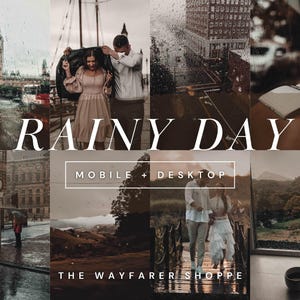 May include: A collage of images showcasing a rainy day theme. The images include a couple walking in the rain, a city street with a clock tower, a book on a table, and a window view of a forest.