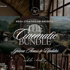 Puede incluir: Un anuncio de producto digital para más de 400 ajustes preestablecidos de Lightroom titulado The Cinematic Bundle con Lifetime Access to Updates. El gráfico presenta tres paneles fotográficos que muestran una carretera de pueblo, una ventana circular y un horizonte urbano.