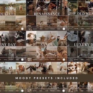 May include: A digital collection of Lightroom presets displayed in a grid format, featuring various themes like Soulful, Renaissance, Old Money, Rainy Day, Sandy, and Luxury Dark, with the text Moody Presets Included at the bottom.