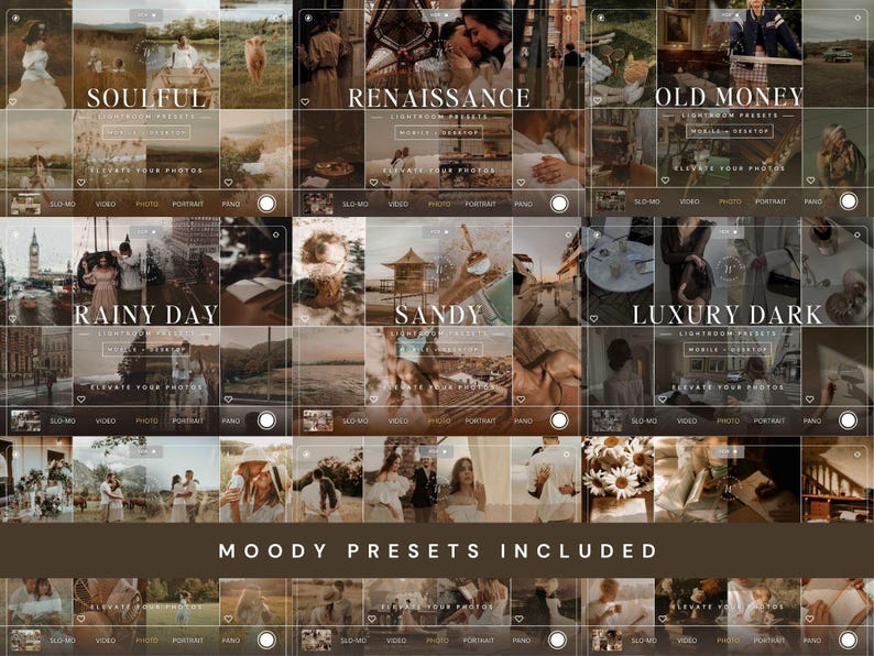 May include: A digital collection of Lightroom presets displayed in a grid format, featuring various themes like Soulful, Renaissance, Old Money, Rainy Day, Sandy, and Luxury Dark, with the text Moody Presets Included at the bottom.