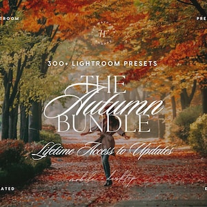 Puede incluir: Un anuncio de producto digital para más de 300 ajustes preestablecidos de Lightroom titulado The Autumn Bundle. La imagen muestra un camino bordeado de árboles otoñales naranjas y amarillos, con texto que incluye Lifetime Access to Updates y mobile desktop.