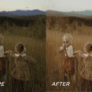 May include: A split image showing a before and after photo edit. Two young children with blonde hair are walking through tall grass. The children are wearing dresses and overalls. The background features mountains and a sunset.
