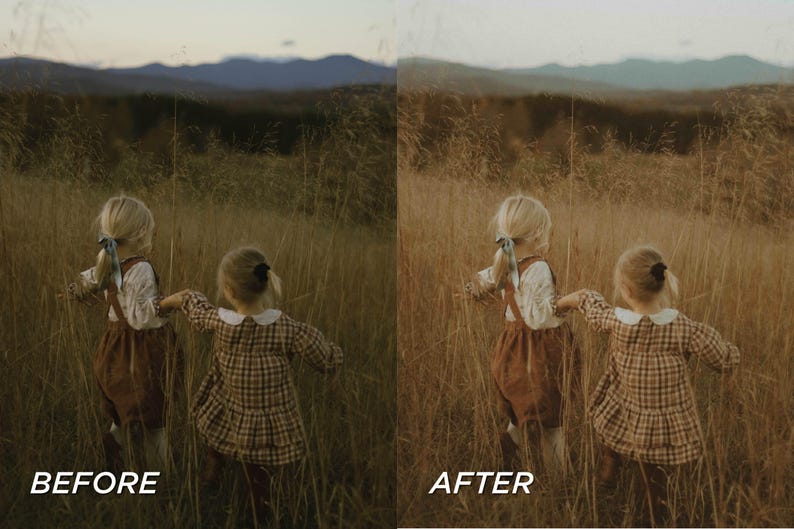May include: A split image showing a before and after photo edit. Two young children with blonde hair are walking through tall grass. The children are wearing dresses and overalls. The background features mountains and a sunset.