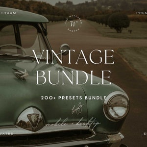 May include: A vintage green car with a chrome bumper and headlights. The car is parked in front of a row of trees. The text "Vintage Bundle" is written in white on a black background. The text "200+ Presets Bundle" is written in white on a black background. The text "mobile + desktop" is written in white on a black background.