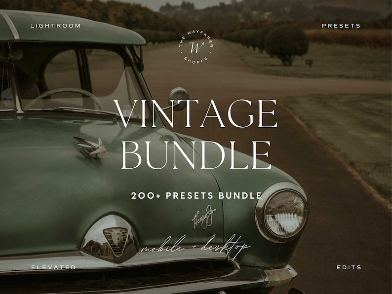 May include: A vintage car in a teal green color is the focal point of this image. The text "VINTAGE BUNDLE" is displayed in large white letters, with "200+ PRESETS BUNDLE" below. The words "mobile + desktop" are also visible.