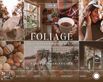 May include: A digital collage of autumn-themed photography featuring pumpkins, a person holding a coffee mug, a person with an umbrella, and a person in a scarf. The text FOLIAGE LIGHTROOM PRESETS MOBILE + DESKTOP ELEVATE YOUR PHOTOS is overlaid.